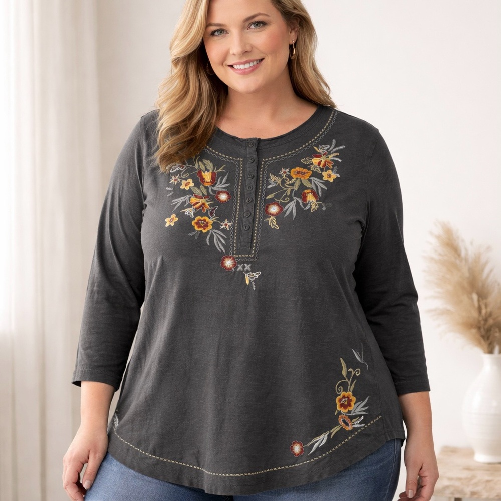 Floral Embroidered Charcoal Long Sleeve Top